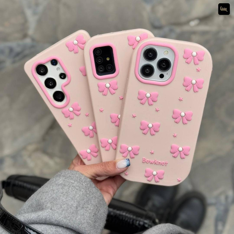 قاب پاپیونی صورتی سیلیکونی آیفون 16 Pro Max همراه اکسسوری