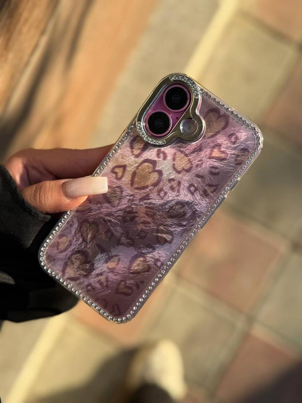 قاب محافظ آیفون پلنگی قلبی صورتی همراه اکسسوری