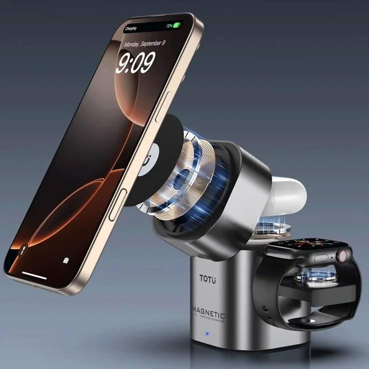 تصویر شارژر بیسیم سهکاره TOTU مدل 3in1 از همراه اکسسوری