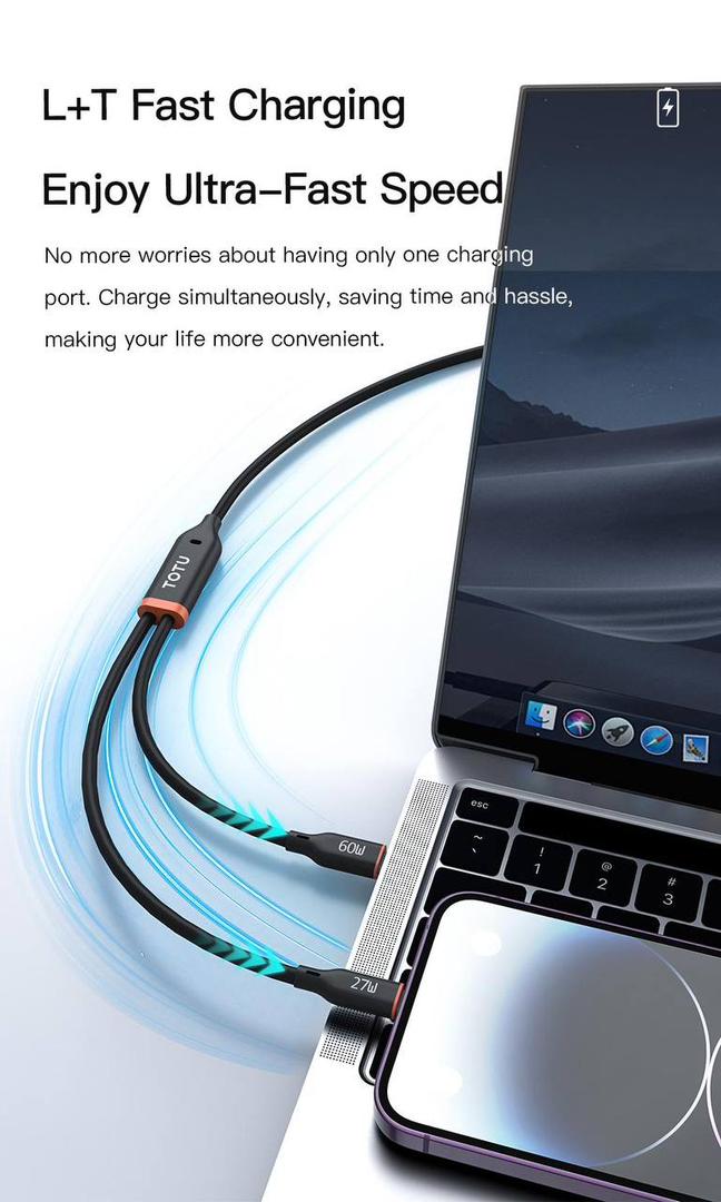 تصویر خروجی لایتنینگ و تایپ‌سی کابل TOTU